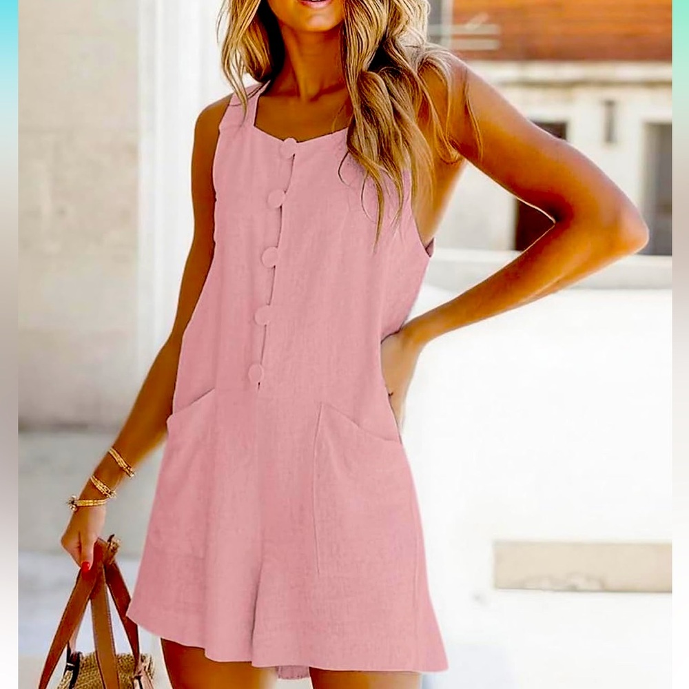 CHARTOU Women Shorts Overall Front Button Cotton Linen Wide Leg Shorts Romper